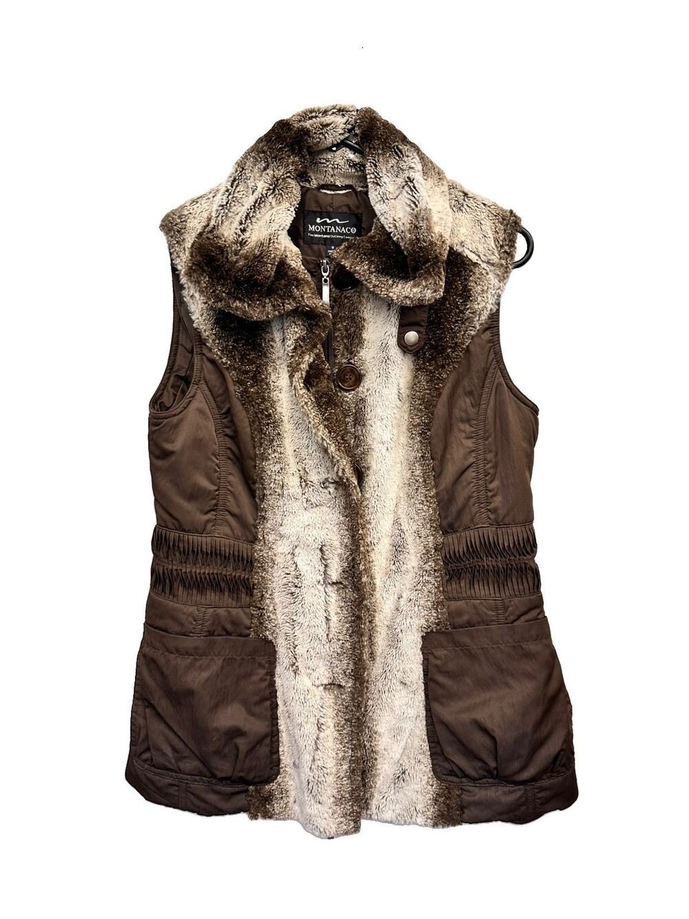 Montanaco Women's Faux Fur Panel Vest Brown Gathered Waist Flattering Small EUC